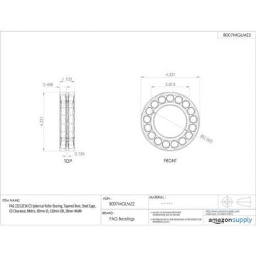 FAG 22212E1K-C3 Spherical Roller Bearing, Tapered Bore, Steel Cage, C3 Clearance